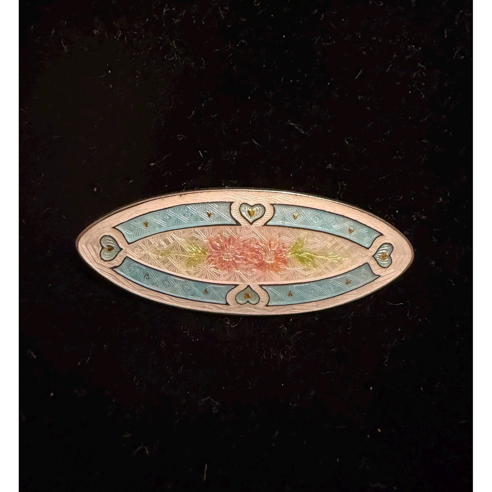 Antique Edwardian Sterling Silver & Guilloche Enamel Brooch Blue Pink